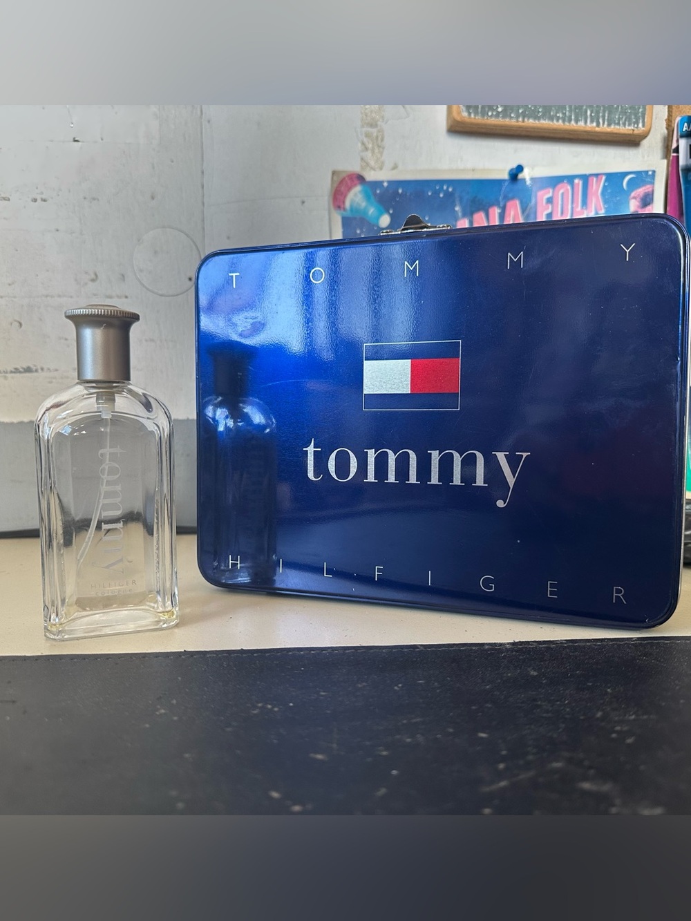 Vintage 90s Tommy Hilfiger Metal Tin Case & Empty Cologne Bottle Set